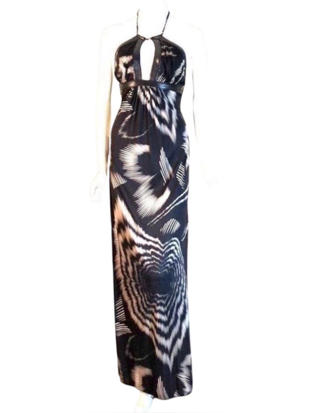 NWT-VTG Sky Beverly Hills "QUENBY" Halter Maxi Dress LeatherTrim Keyhole Y2K SM